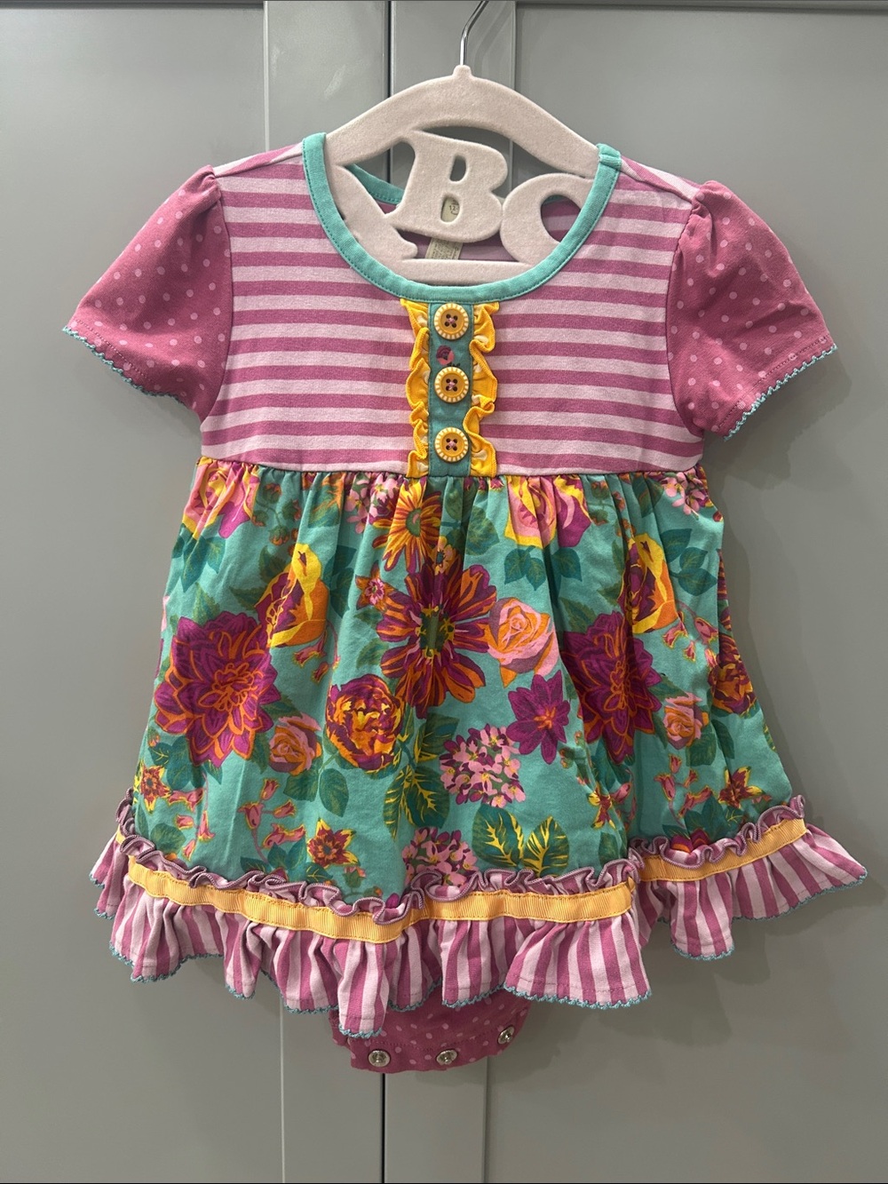 Matilda Jane 12-18M Floral Striped Dress Onesie Attached Diaper Cover Ruffle